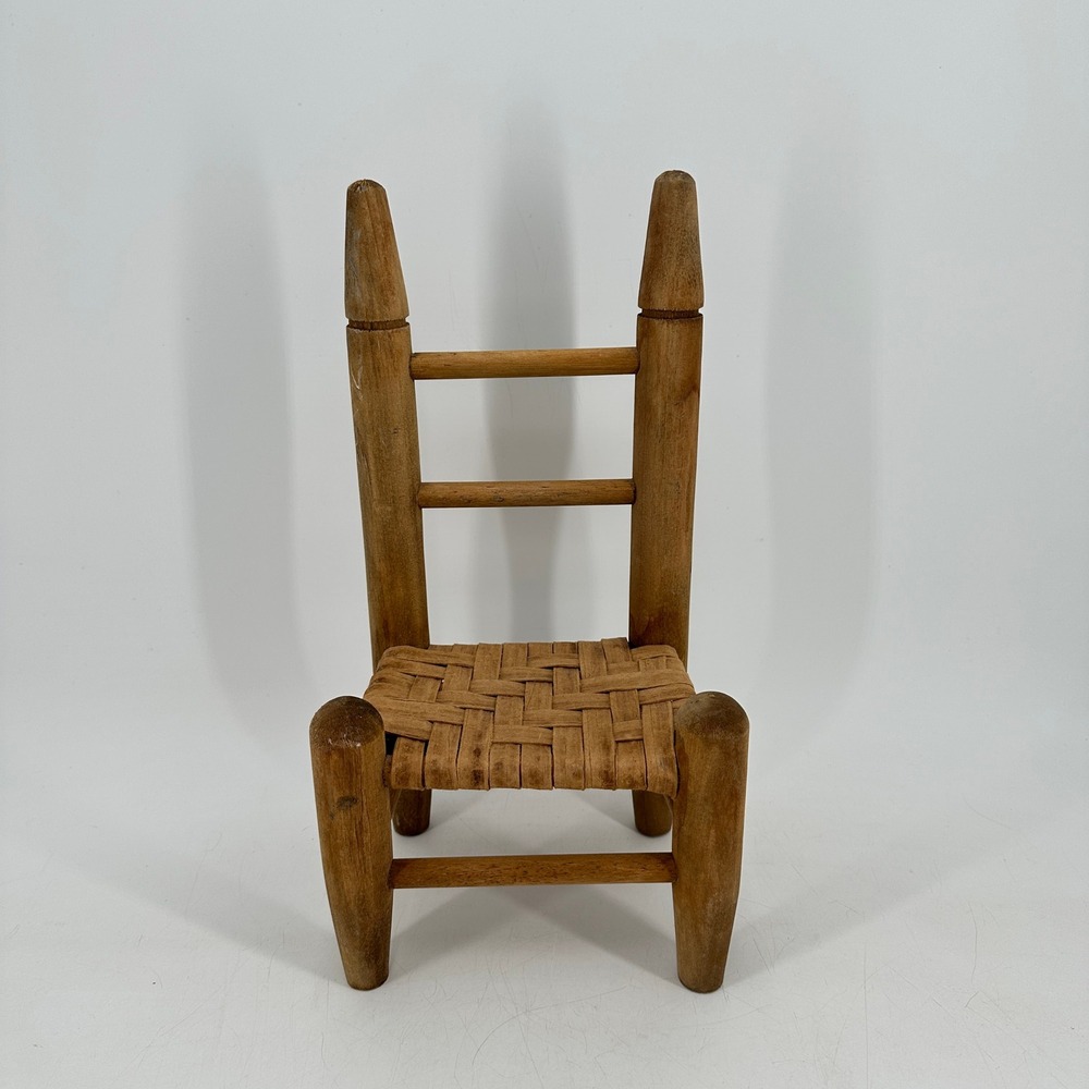 Vintage Miniature Wooden Ladderback Chair Woven Rush Seat Rustic Doll Furniture